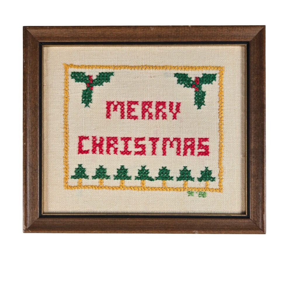 Vintage 1980 Framed Merry Christmas Cross Stitch Needlepoint Holiday Decor
